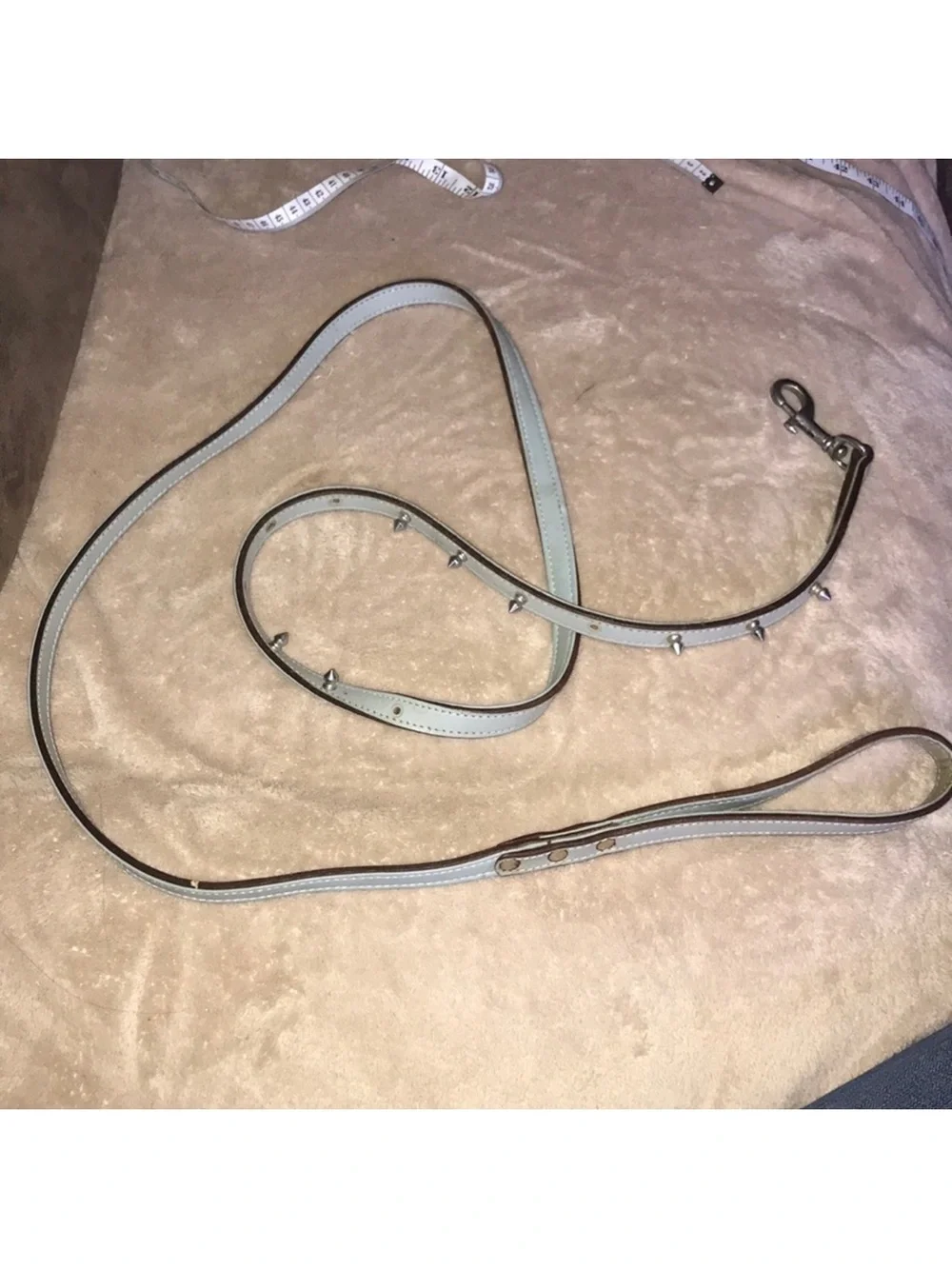 Light Blue Leather Spiked Dog Leash approximately 75”